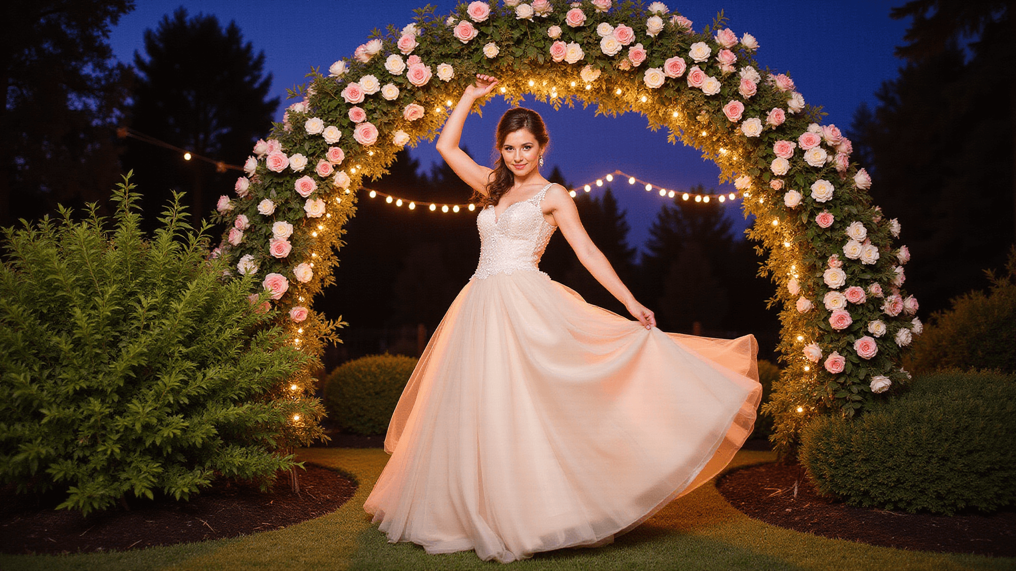 A bride in a champagne-colored ballgown twirls under a vintage rose arch at twilight, illuminated by soft string lights in a purple-blue garden, capturing movement with motion blur.