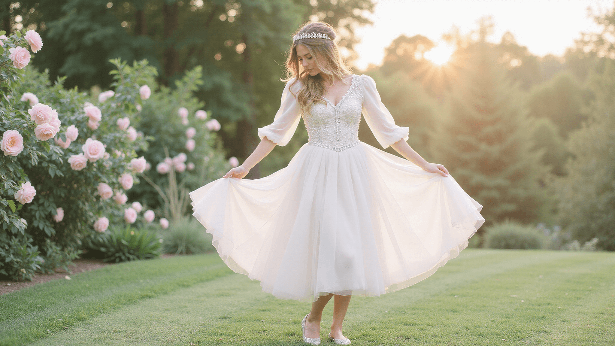 A model in an ivory tulle ballgown twirls in a sunlit garden filled with blooming roses, capturing a dreamy, ethereal atmosphere with soft bokeh and warm golden hour light.