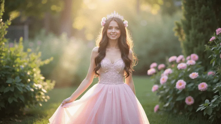 Creating Your Perfect Fairy Prom Dream A young woman in a pastel pink tulle ballgown with crystal beading stands in a lush garden at golden hour, adorned with flowers and a crystal crown, surrounded by blooming roses and fairy lights, creating an ethereal atmosphere.