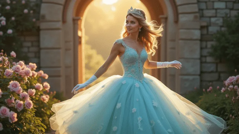 The Perfect Fairytale Princess Look A young woman in a powder blue tulle ballgown twirls in a sunlit castle garden, surrounded by blooming roses, with a crystal tiara and white satin gloves. The scene features stone architecture and flowering archways in a dreamy, fairytale atmosphere during golden hour.