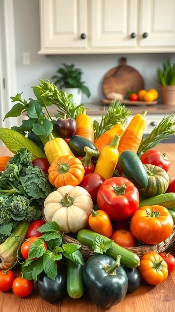 35 Beautiful Farmhouse Kitchen Table Setting Ideas A vibrant display of fresh vegetables in a basket, showcasing the charm of farmhouse kitchen table settings.