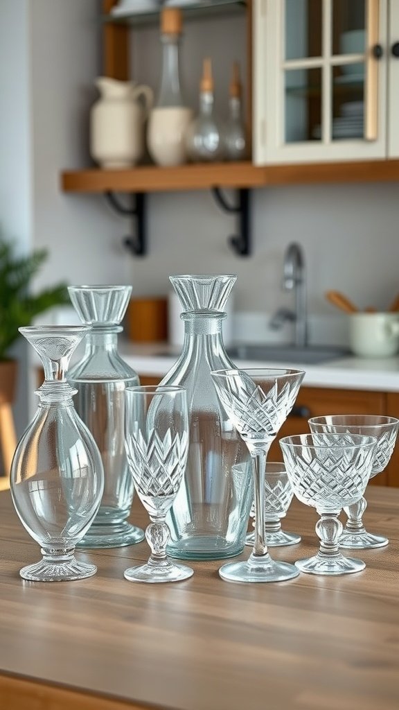 35 Beautiful Farmhouse Kitchen Table Setting Ideas A collection of farmhouse-inspired glassware including carafes and stemware on a kitchen table.