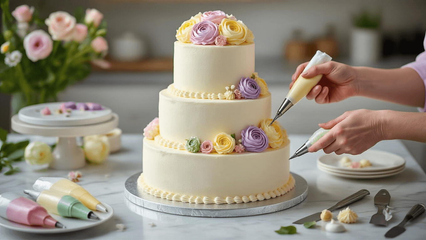 Photorealistic image of a professional cake decorating setup featuring a three-tiered white buttercream cake on a silver cake stand, surrounded by pastel piping bags and cake decorating tools, with a focus on hands piping delicate buttercream roses under soft natural lighting.