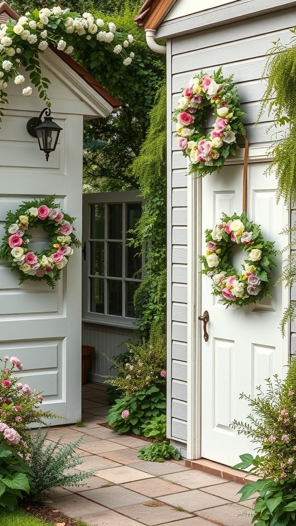 35 Stunning Garden Party Decorations to Inspire Your Celebration Floral wreaths hanging on doors surrounded by greenery