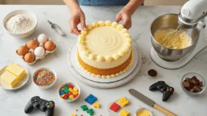 The Ultimate Birthday Cake for Your Boyfriend: A Deliciously Personal Celebration A beautifully decorated 8-inch golden vanilla birthday cake on a rotating stand, surrounded by organized baking ingredients and gaming-themed fondant decorations, captured in warm, natural lighting with a professional aesthetic.