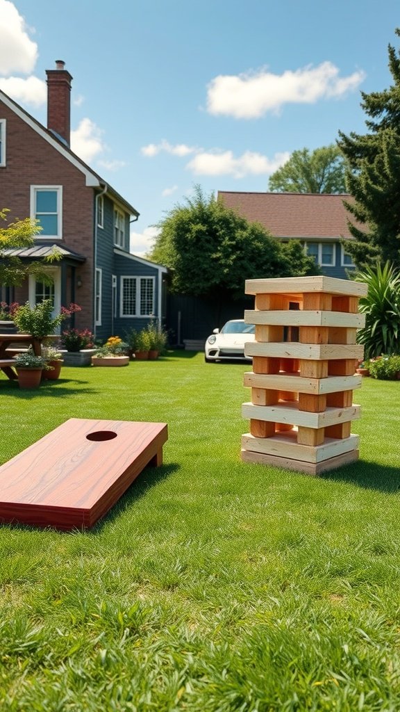 35 Stunning Garden Party Decorations to Inspire Your Celebration A garden party setup featuring a cornhole board and a giant Jenga set on a green lawn.