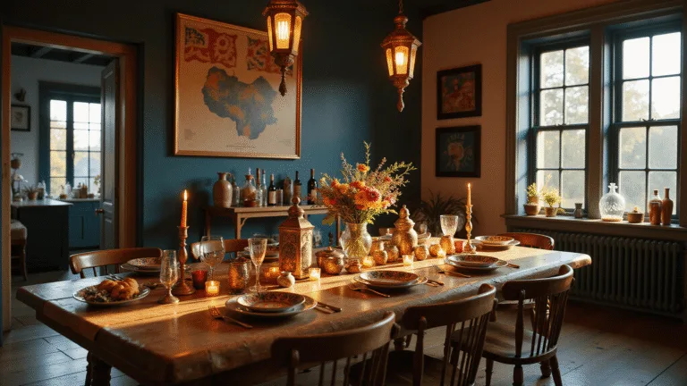 Elevate Your Dinner Parties: Unforgettable Themes That Will Wow Your Guests A beautifully set long rustic wooden table in an elegant dining room, decorated for a global-themed dinner party with eclectic tableware, warm ambient lighting, dramatic floral centerpieces, and international decor elements against deep blue walls, captured in cinematic detail during golden hour.
