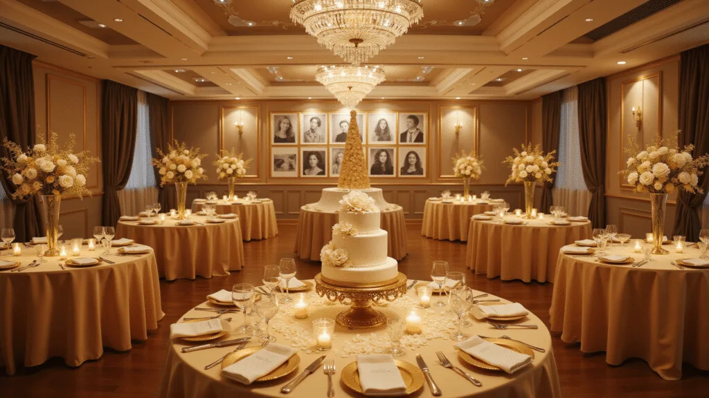 50 Years of Love: Planning the Perfect Golden Anniversary Celebration Hyperrealistic photograph of an elegant ballroom setup for a golden anniversary celebration, featuring round tables with gold silk tablecloths, white rose centerpieces in crystal vases, ambient lighting from chandeliers, a vintage photo gallery wall, a three-tiered anniversary cake, and a champagne tower, all captured in warm golden hour tones.
