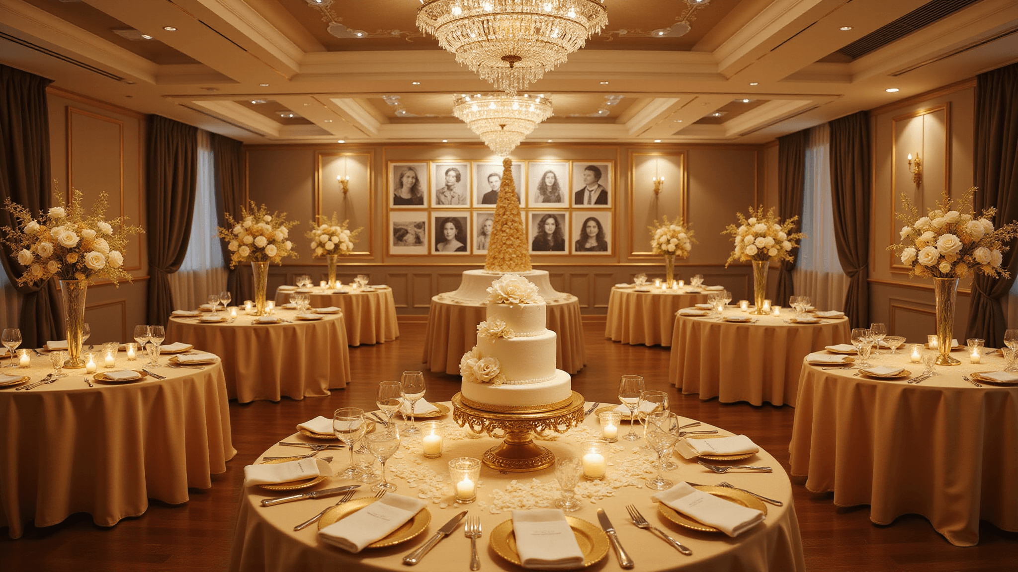 Hyperrealistic photograph of an elegant ballroom setup for a golden anniversary celebration, featuring round tables with gold silk tablecloths, white rose centerpieces in crystal vases, ambient lighting from chandeliers, a vintage photo gallery wall, a three-tiered anniversary cake, and a champagne tower, all captured in warm golden hour tones.