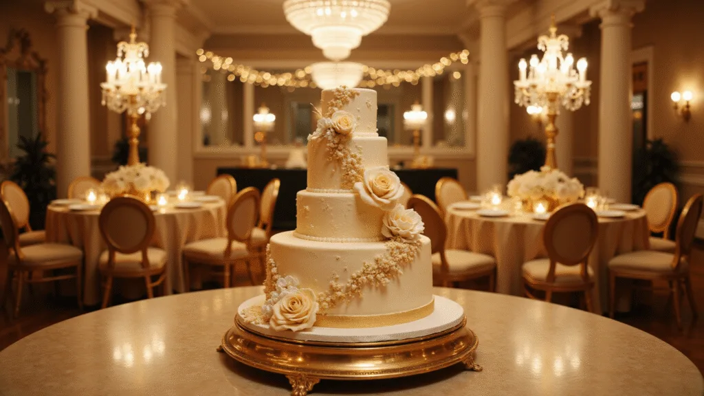 Anniversary Cakes: Celebrating Love's Sweet Journey A luxurious 5-tier wedding anniversary cake with gold leaf detailing and sugar flowers in a grand ballroom, illuminated by warm chandelier lighting and framed by elegant table settings.