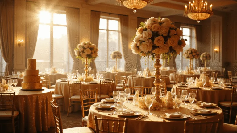 Wedding Anniversary Quotes: Celebrating Love Through Words A luxurious ballroom decorated for a golden anniversary celebration, featuring champagne silk linens, golden roses and white orchids centerpieces, crystal chandeliers, an elegant place setting, and a stunning 5-tier wedding cake with edible gold leaf, bathed in warm golden hour lighting.