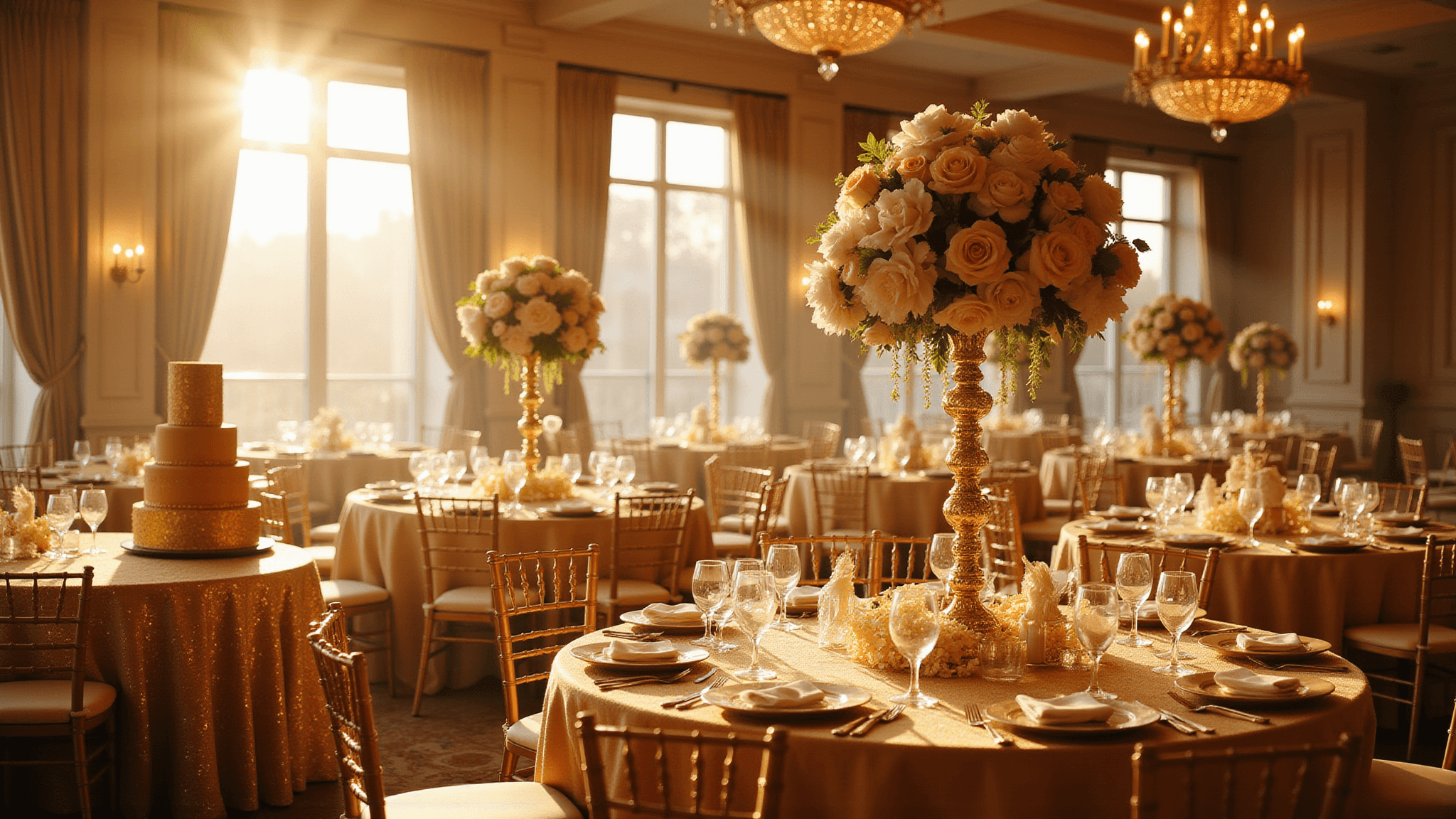 A luxurious ballroom decorated for a golden anniversary celebration, featuring champagne silk linens, golden roses and white orchids centerpieces, crystal chandeliers, an elegant place setting, and a stunning 5-tier wedding cake with edible gold leaf, bathed in warm golden hour lighting.