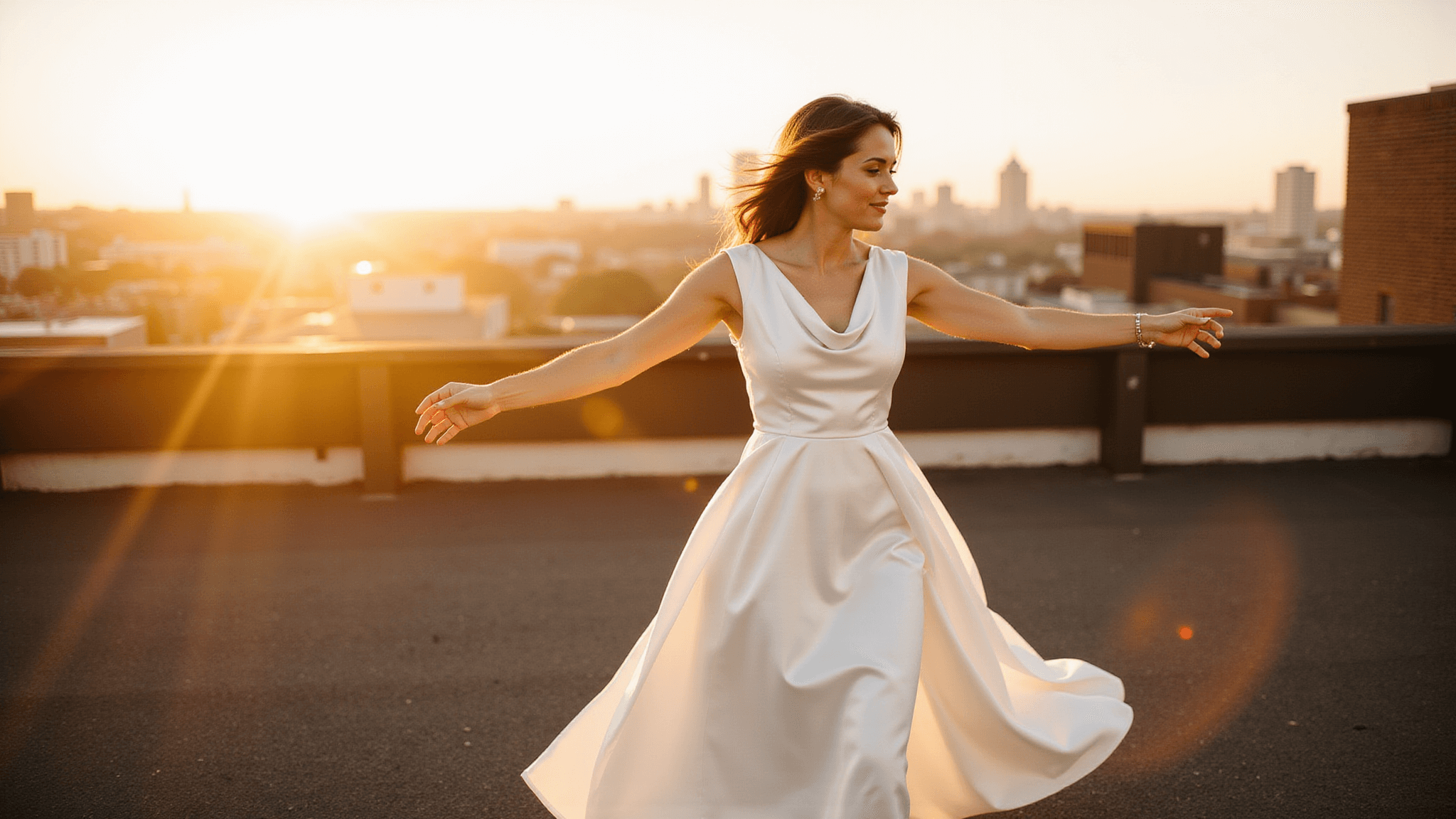Bride-to-be twirling on a sunlit rooftop at sunset, wearing a flowing white silk midi dress with cap sleeves and a cowl neckline, with a city skyline backdrop and warm golden light.