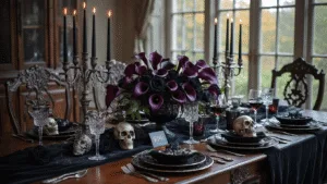 Hosting the Ultimate Halloween Dinner Party: A Hauntingly Elegant Guide An elegant Victorian dining room at dusk, featuring a mahogany table with a black velvet tablecloth, adorned with antique silver candelabras, dark floral arrangements, and matte black china, creating a moody gothic atmosphere.