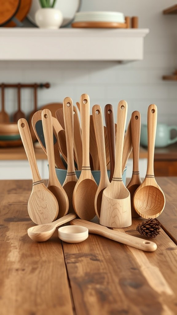 35 Beautiful Farmhouse Kitchen Table Setting Ideas A collection of handcrafted wooden utensils displayed on a wooden table.