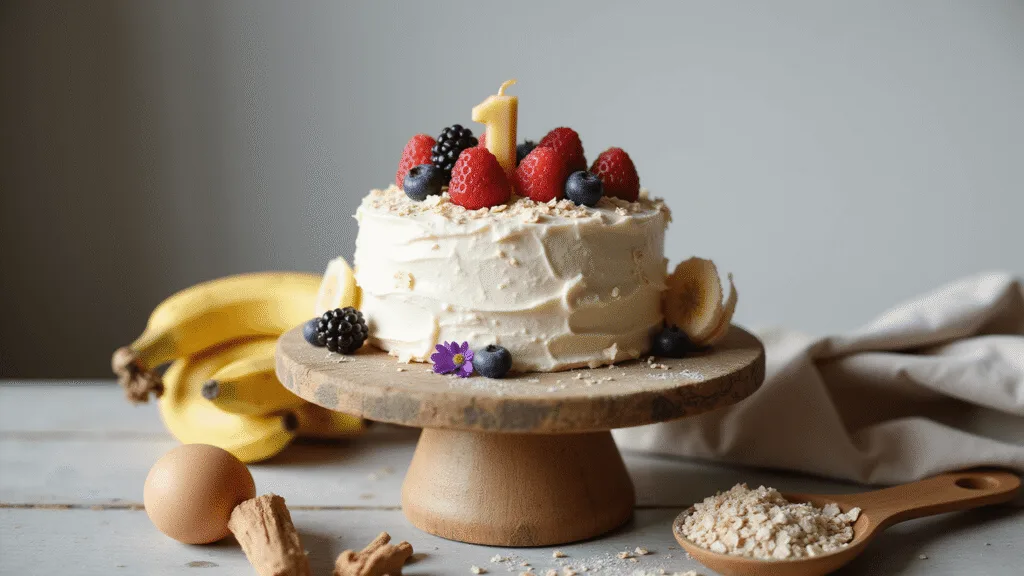 1st Birthday Smash Cake: A Healthy, Delightful Celebration Close-up of a rustic mini smash cake on a weathered wooden stand, featuring yogurt frosting, fresh berries, coconut shavings, and a beeswax "1" candle, surrounded by rolled oats, ripe bananas, farm-fresh eggs, and cinnamon sticks, all captured in warm neutral tones and soft bokeh.