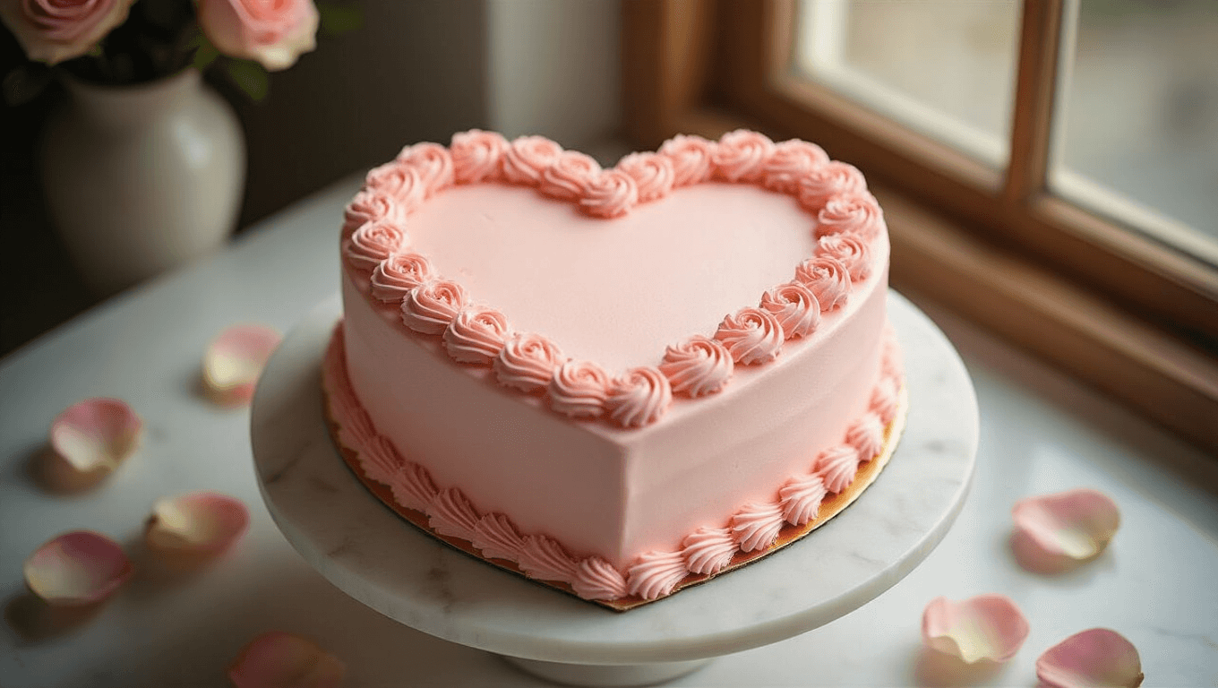A heart-shaped birthday cake adorned with blush pink buttercream frosting, intricate piping, rosettes, and pearl details, presented on a white marble stand with rose petals and a vintage cake server.