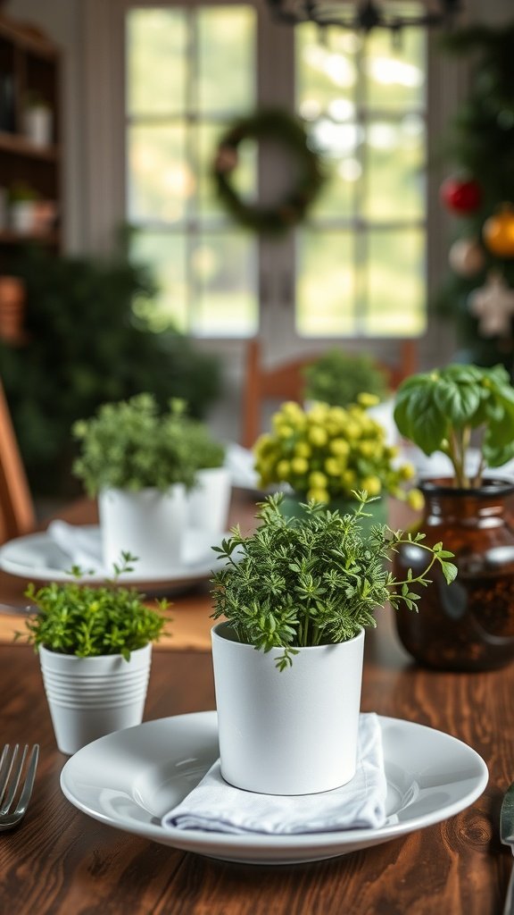 35 Beautiful Farmhouse Kitchen Table Setting Ideas A farmhouse kitchen table set with white herb planters and a wooden table.