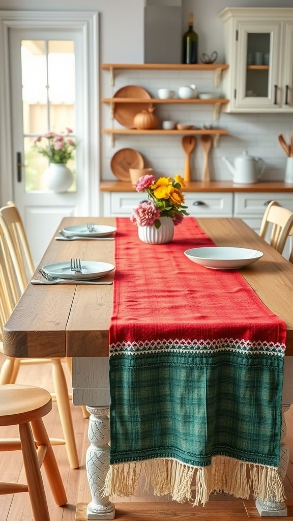 35 Beautiful Farmhouse Kitchen Table Setting Ideas A farmhouse kitchen table set with a red and green table runner, white plates, and a floral centerpiece.