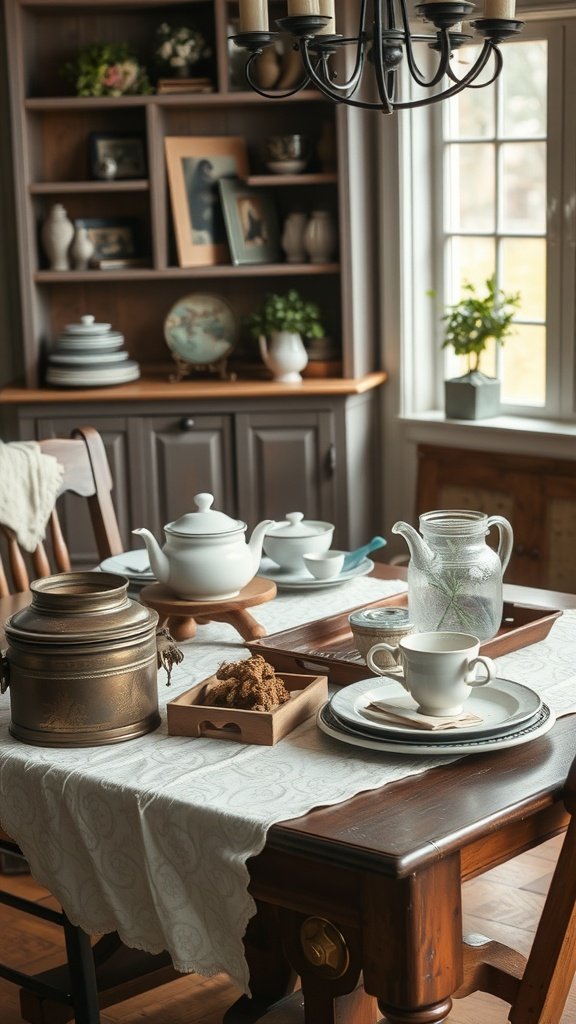 35 Beautiful Farmhouse Kitchen Table Setting Ideas A farmhouse kitchen table set with vintage teapot, china, and decorative items.