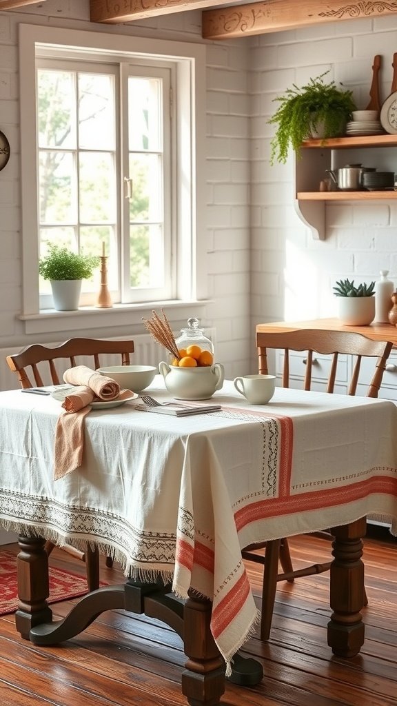 35 Beautiful Farmhouse Kitchen Table Setting Ideas A farmhouse kitchen table set with a vintage tablecloth, dishware, and fresh fruit.