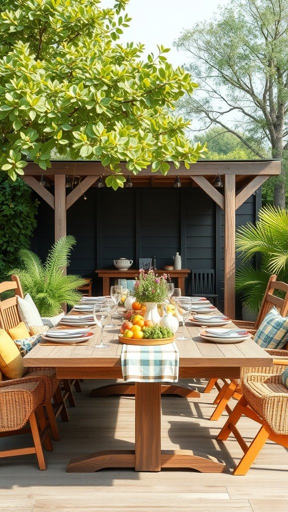 35 Beautiful Farmhouse Kitchen Table Setting Ideas A beautifully set outdoor dining table with fresh fruits, flowers, and colorful cushions.