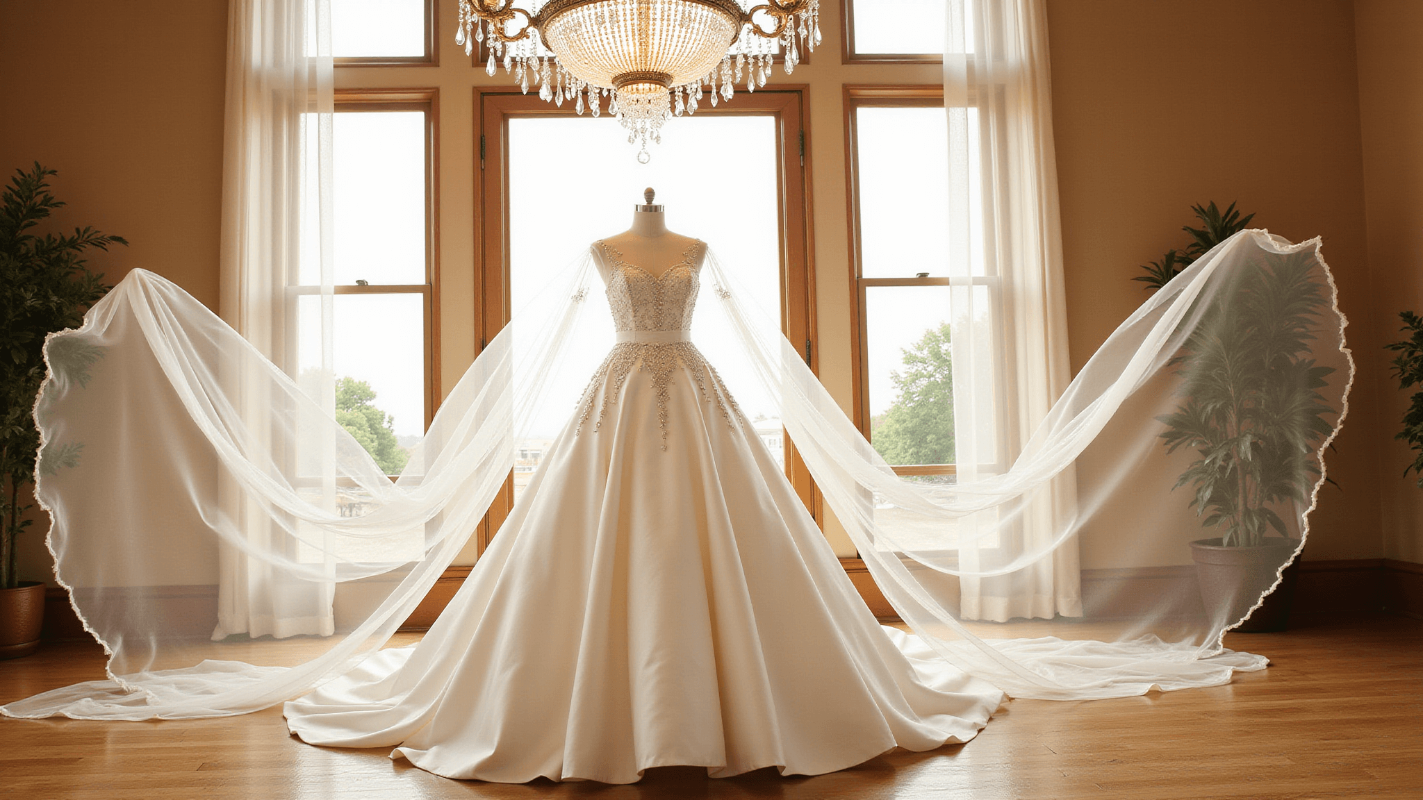 A breathtaking ivory duchess satin ballgown with a fitted bodice and full skirt, adorned with lace appliques and hand-beaded details, is displayed in a sunlit bridal boutique under a crystal chandelier, with a cathedral veil gently floating nearby.
