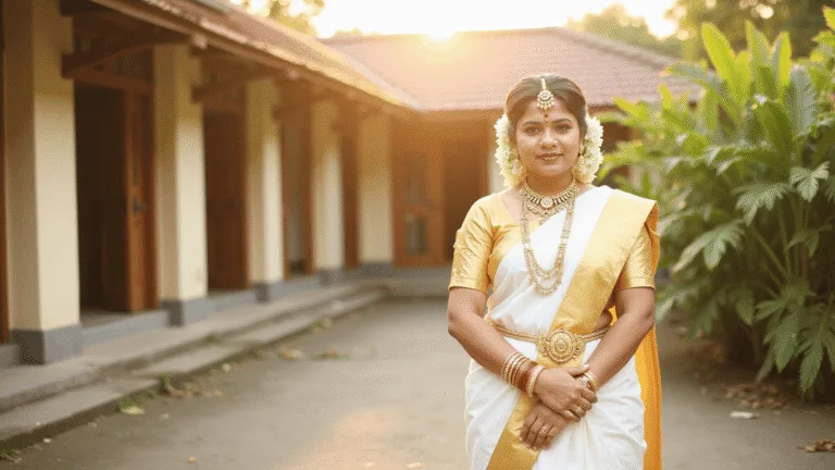 Kerala Engagement Dress: Your Complete Style Guide for 2024 A Kerala bride in a white Kasavu saree with a gold border, layered temple jewelry, and jasmine flowers, standing in a traditional courtyard during golden hour, illuminated by warm sunlight.