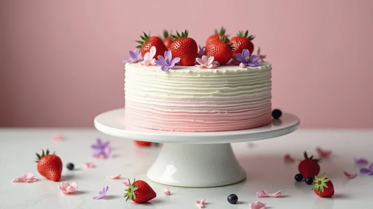 Korean Birthday Cake (생일 케이크): A Delicate & Dreamy Celebration Dessert Elegant three-layer Korean birthday cake with fresh strawberries and edible flowers, set on a white ceramic stand against a pastel pink background.