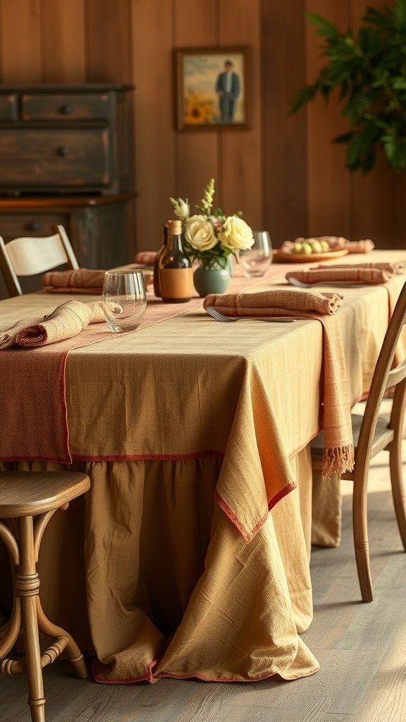 35 Beautiful Farmhouse Kitchen Table Setting Ideas A farmhouse kitchen table setting with layered textiles, featuring a warm-colored tablecloth, rolled napkins, and a vase of flowers.