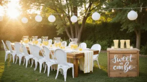 Summer Baby Shower: The Ultimate Guide to Creating Magical Memories A sunlit backyard baby shower with a long farmhouse table, vintage white chairs, and centerpieces of lemons and lavender, adorned with paper lanterns and string lights; a rustic lemonade stand in the foreground with mason jars and a hand-lettered sign.