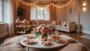 Galentine's Dinner Party: Your Ultimate Guide to Celebrating Female Friendship A luxurious Galentine's Day living room setup featuring a marble coffee table with gold-rimmed plates, pink macarons, and crystal champagne flutes, surrounded by plush blush velvet cushions and faux fur throws. A floral centerpiece of coral and pink roses in a gold geometric vase, warm ambient lighting from copper string lights, and a rose gold bar cart with cocktail ingredients create an intimate atmosphere during golden hour.