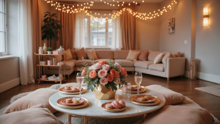 Galentine's Dinner Party: Your Ultimate Guide to Celebrating Female Friendship A luxurious Galentine's Day living room setup featuring a marble coffee table with gold-rimmed plates, pink macarons, and crystal champagne flutes, surrounded by plush blush velvet cushions and faux fur throws. A floral centerpiece of coral and pink roses in a gold geometric vase, warm ambient lighting from copper string lights, and a rose gold bar cart with cocktail ingredients create an intimate atmosphere during golden hour.