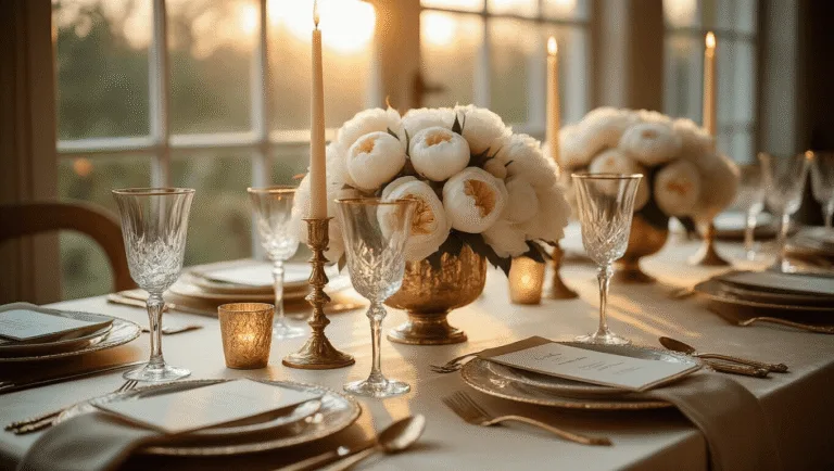 Dinner Party Decorations: A Stunning Guide to Creating Memorable Tablescapes Elegant dinner party tablescape featuring a champagne silk tablecloth, velvet runner, crystal stemware, and a centerpiece of white peonies and garden roses in mercury glass vases, surrounded by brass candlesticks and gold-rimmed china, captured in warm tones with dramatic shadows and soft bokeh effect.