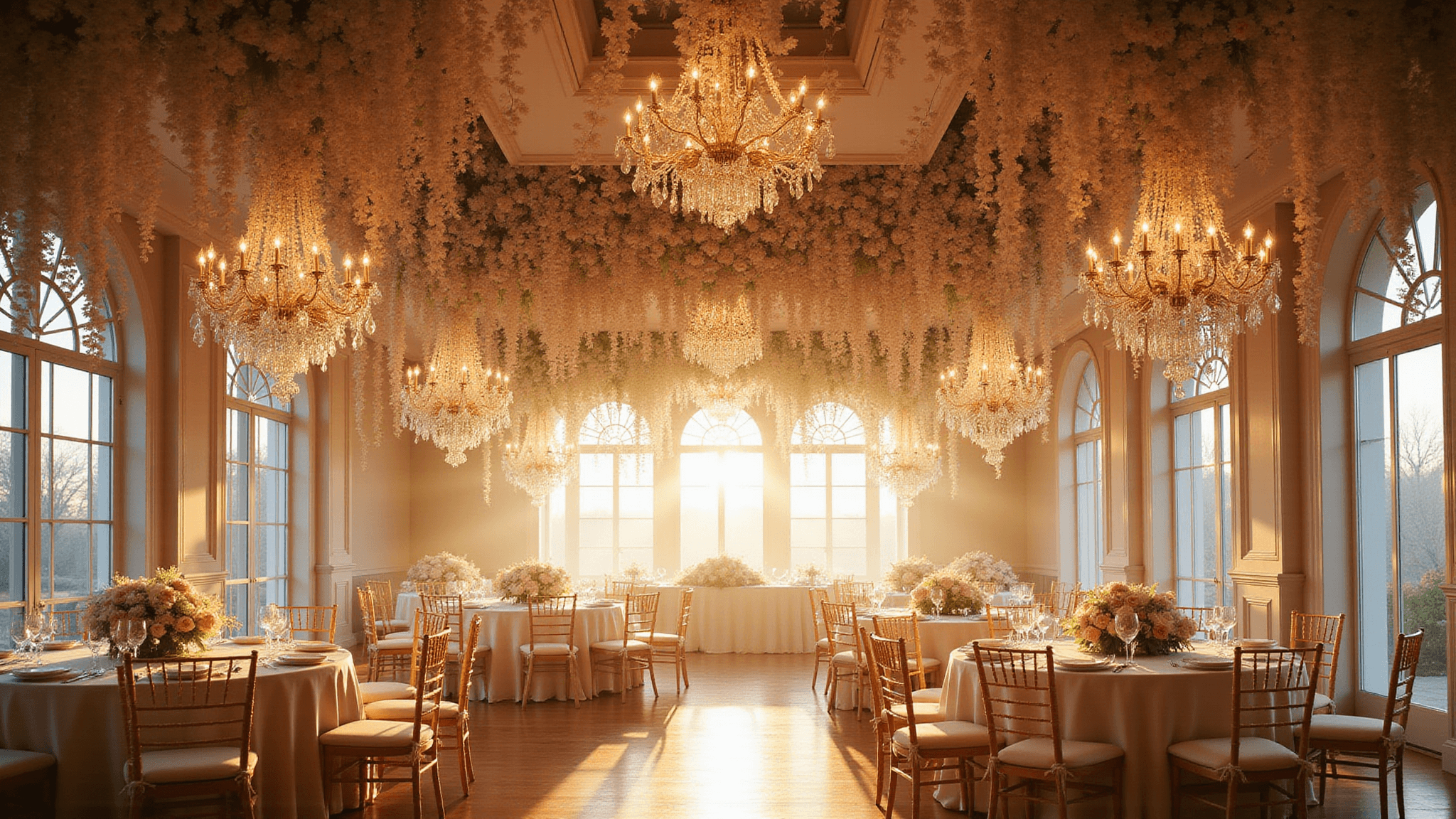 A luxurious wedding ballroom interior featuring a stunning suspended floral installation of blush garden roses, white phalaenopsis orchids, and baby's breath, illuminated by crystal chandeliers and soft uplighting, with elegantly dressed round tables reflecting a romantic atmosphere during golden hour.