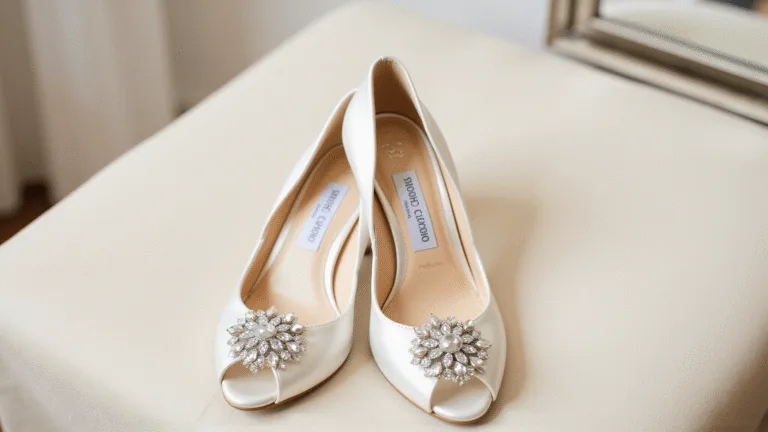 FINDING YOUR PERFECT JIMMY CHOO WEDDING SHOES: A BRIDE'S GUIDE Elegant ivory satin Jimmy Choo bridal pumps with crystal embellishments, displayed in a boutique setting with soft natural light, on a plush ottoman with mirror reflections.