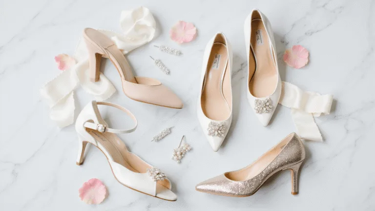 Wedding Heels: Your Ultimate Guide to Finding the Perfect Pair (Without the Stress!) Flat lay of luxurious bridal shoes in ivory and metallic tones on a marble background, adorned with pearl hairpins, silk ribbons, and rose petals, showcasing crystal details in soft natural light.