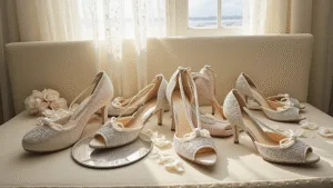 The Perfect Wedding Shoes: Your Complete Guide to Bridal Footwear Luxury bridal shoes with crystal embellishments and pearl details arranged on a champagne velvet settee, surrounded by white rose petals and ivory lace, illuminated by soft natural light.