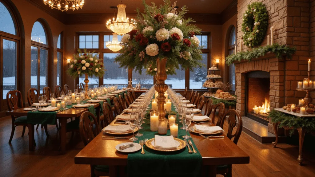 Hosting the Ultimate Christmas Dinner Party: Your Complete Guide to Festive Perfection Hyperrealistic image of an opulent Christmas dinner party in a grand ballroom, featuring elegant table settings, towering floral centerpieces, and a warm, inviting ambiance.