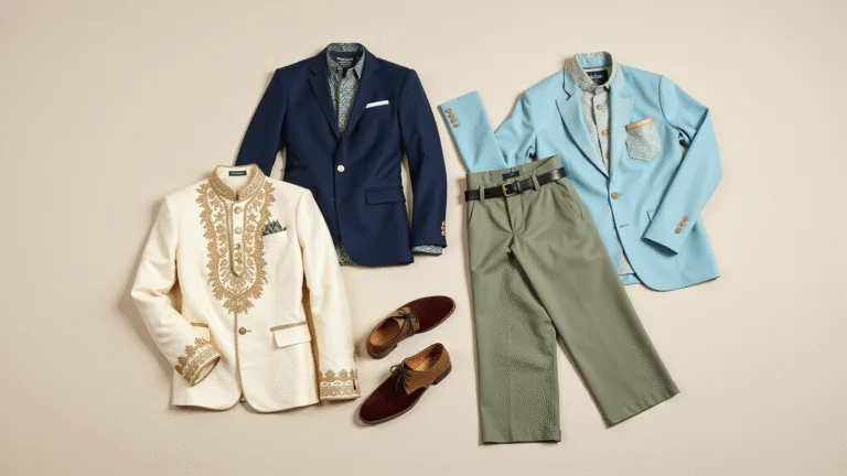 The Ultimate Guide to Men's Engagement Fashion: Look Your Best on the Big Day A professional fashion flatlay showcasing a luxurious ivory sherwani with gold embroidery, a powder blue kurta with navy blazer, and a sage green three-piece suit, complemented by burgundy mojari shoes, tan Oxford shoes, and a matte black leather belt, all arranged on a cream textured background with soft lighting emphasizing the textures.