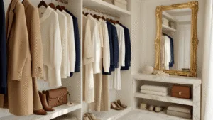 The Art of Old Money Style: Your Guide to Timeless Elegance A luxurious walk-in closet featuring neatly arranged neutral-toned garments, vintage mirror, and elegant accessories, all bathed in soft, natural sunlight.