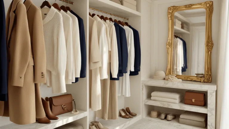 The Art of Old Money Style: Your Guide to Timeless Elegance A luxurious walk-in closet featuring neatly arranged neutral-toned garments, vintage mirror, and elegant accessories, all bathed in soft, natural sunlight.