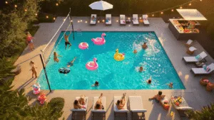 Pool Party Games: Splash-Tastic Fun for Everyone! Aerial view of a luxurious summer pool party at golden hour, featuring a turquoise pool, volleyball net, colorful floats, and groups playing games, surrounded by lush landscaping and stylish furniture, illuminated by string lights.