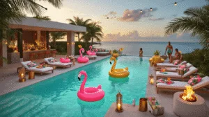 Pool Party Aesthetic: Your Ultimate Summer Styling Guide A luxurious infinity pool at golden hour, featuring oversized flamingo and pineapple floats, plush loungers, and stylish guests in vintage swimwear, surrounded by tiki torches, string lights, and tropical decor.