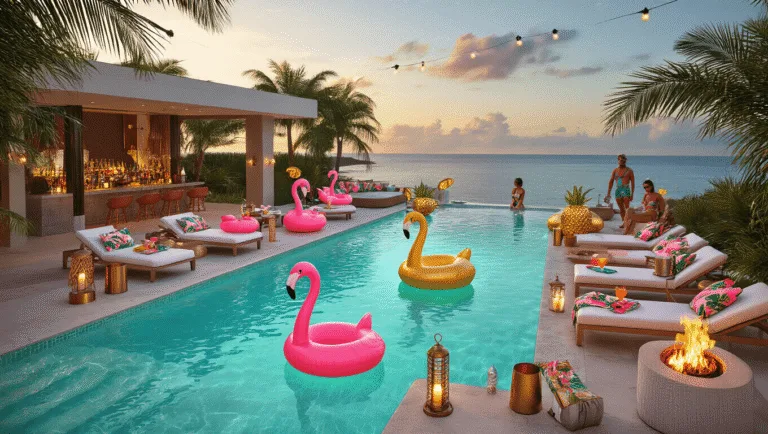 Pool Party Aesthetic: Your Ultimate Summer Styling Guide A luxurious infinity pool at golden hour, featuring oversized flamingo and pineapple floats, plush loungers, and stylish guests in vintage swimwear, surrounded by tiki torches, string lights, and tropical decor.