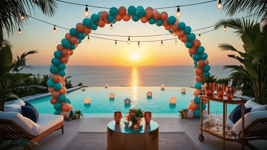 Pool Party Decorations: Essential Ideas, Must-Haves & Creative Details An elegant poolside party setup at golden hour, featuring a reflective infinity pool, floating LED orbs, a grand balloon arch, string lights, a sophisticated bar cart, plush lounge chairs, rattan lanterns, and vibrant tropical flowers, all set against mountain vistas.