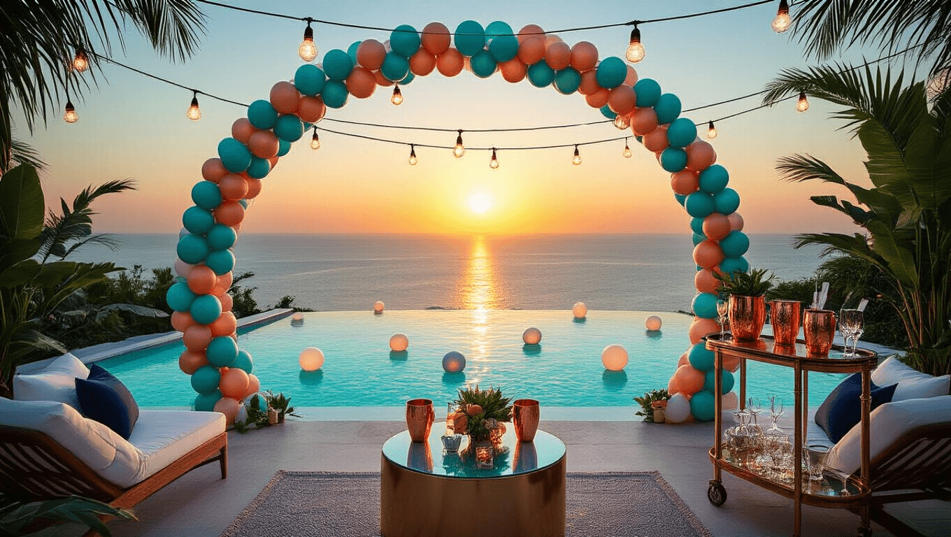An elegant poolside party setup at golden hour, featuring a reflective infinity pool, floating LED orbs, a grand balloon arch, string lights, a sophisticated bar cart, plush lounge chairs, rattan lanterns, and vibrant tropical flowers, all set against mountain vistas.