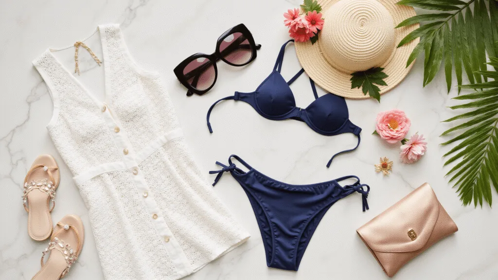Pool Party Perfect: Your Ultimate Guide to Stunning Swimwear Style High-end fashion flat lay of navy bikini, white crochet cover-up, designer sunglasses, sun hat, shell-embellished sandals, and metallic clutch on white marble tiles, accented with tropical flowers and palm fronds, captured during golden hour.
