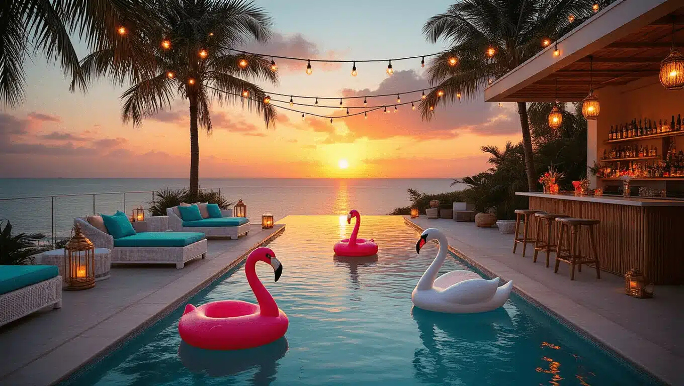 A luxurious pool party at golden hour, featuring an infinity pool with floating orchids, tiki torches, a bamboo bar with tropical cocktails, plush lounge furniture, oversized flamingo floats, and guests mingling under twinkling fairy lights.