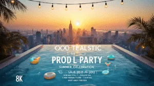 Pool Party Invitations: Your Ultimate Guide to Splash-Worthy Invites Photorealistic invitation design for a luxurious pool party, featuring an infinity pool overlooking a city skyline at sunset, modern typography in white and aqua blue, framed by palm fronds and string lights, with cocktail illustrations and embossed details.